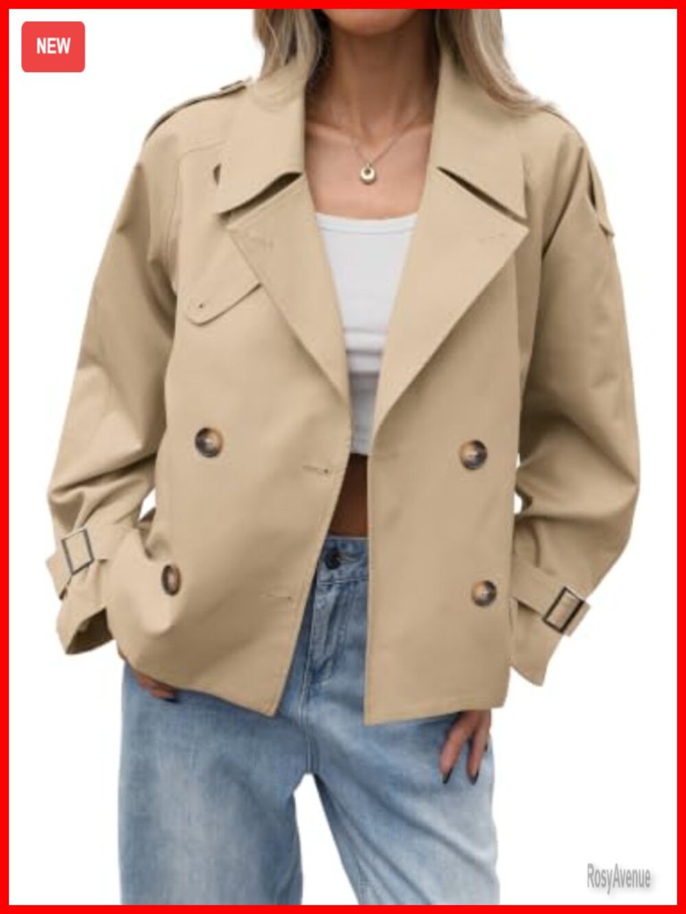 Womens Cropped Trench Coat Double Breasted Relaxed Fit Fall Jacket